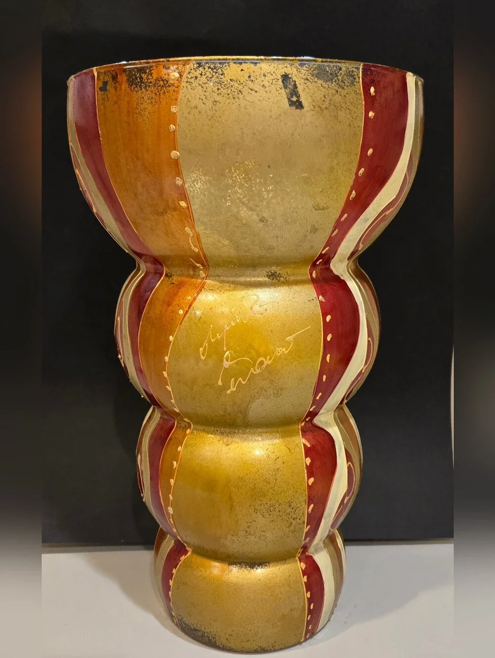 Vintage Signed By Artist Gold & Burgundy Sculptural Vase